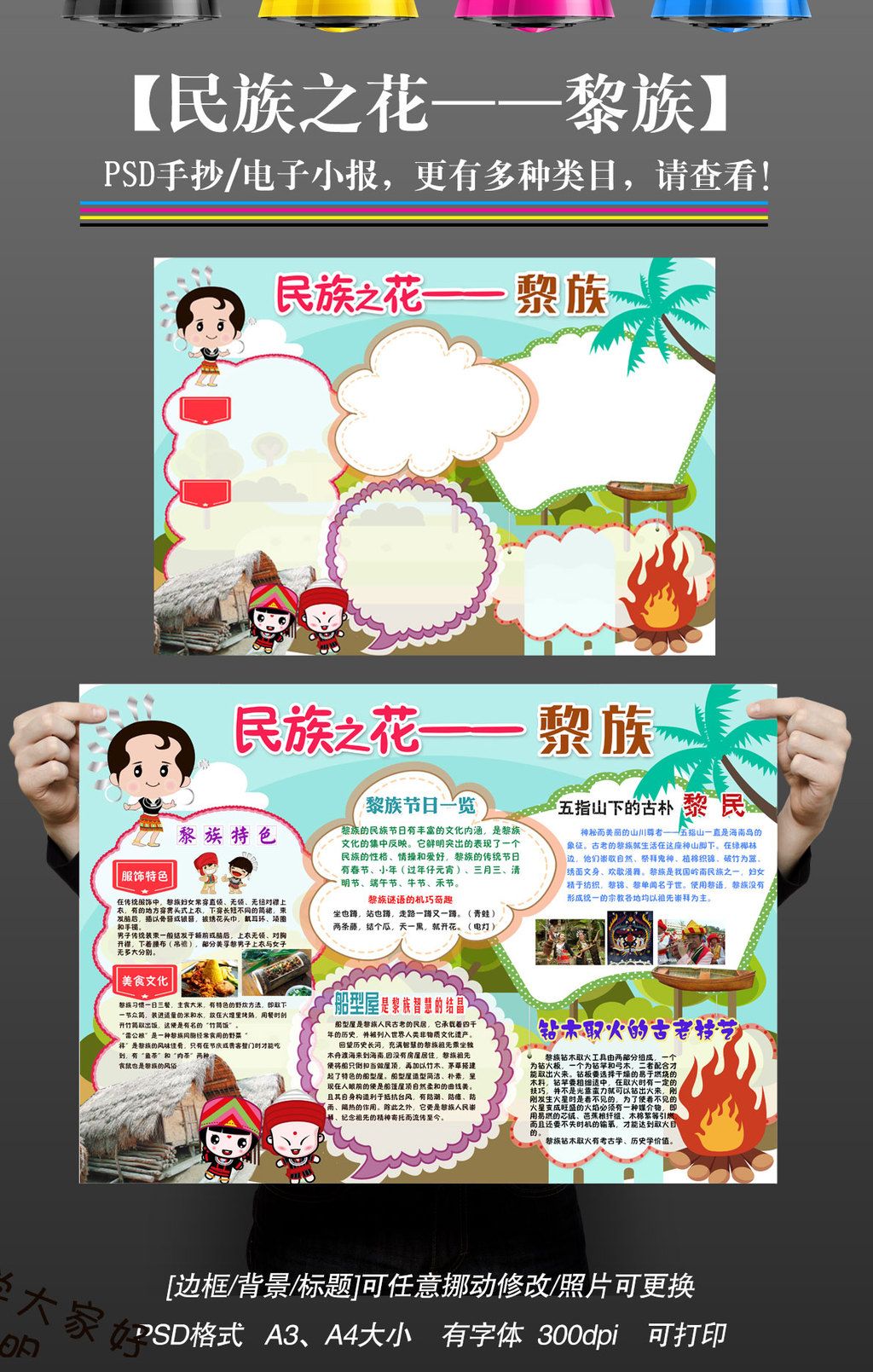 少数民族黎族民俗风情服饰卡通手抄报小报