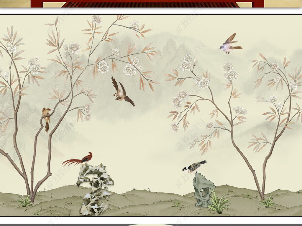 素色手绘工笔花鸟中国风电视背景墙