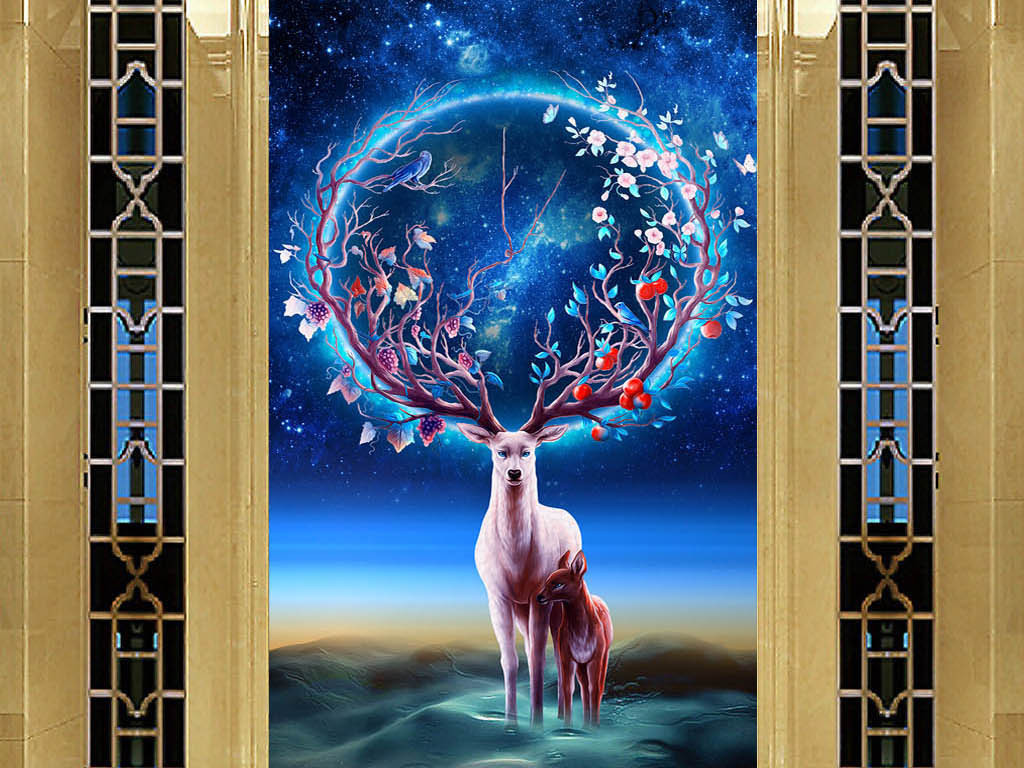 星空下自带光环的梦幻麋鹿母子玄关背景景墙