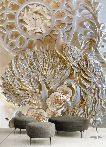 3d立体浮雕孔雀钟表玫瑰花背景墙壁画