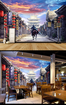 古代城池复古游戏背景墙壁画