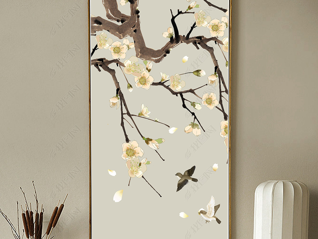 手绘桃花工笔花鸟新中式玄关背景墙装饰画