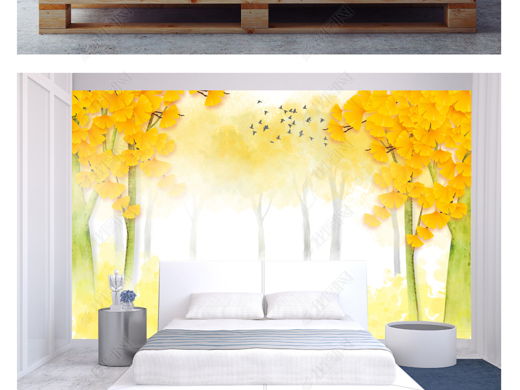原创唯美意境银杏树林装饰画背景墙版权可商用