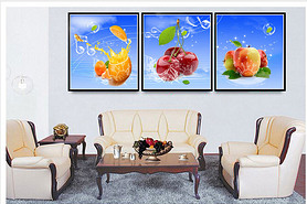 现代蓝天海水浪花水珠水果三联无框画背景墙