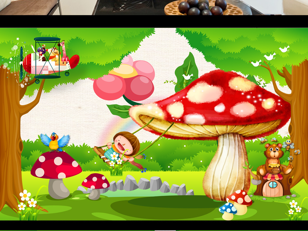 卡通森林儿童房荡秋千小孩房背景墙壁画