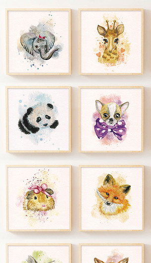 8款手绘水彩小动物方形装饰挂画