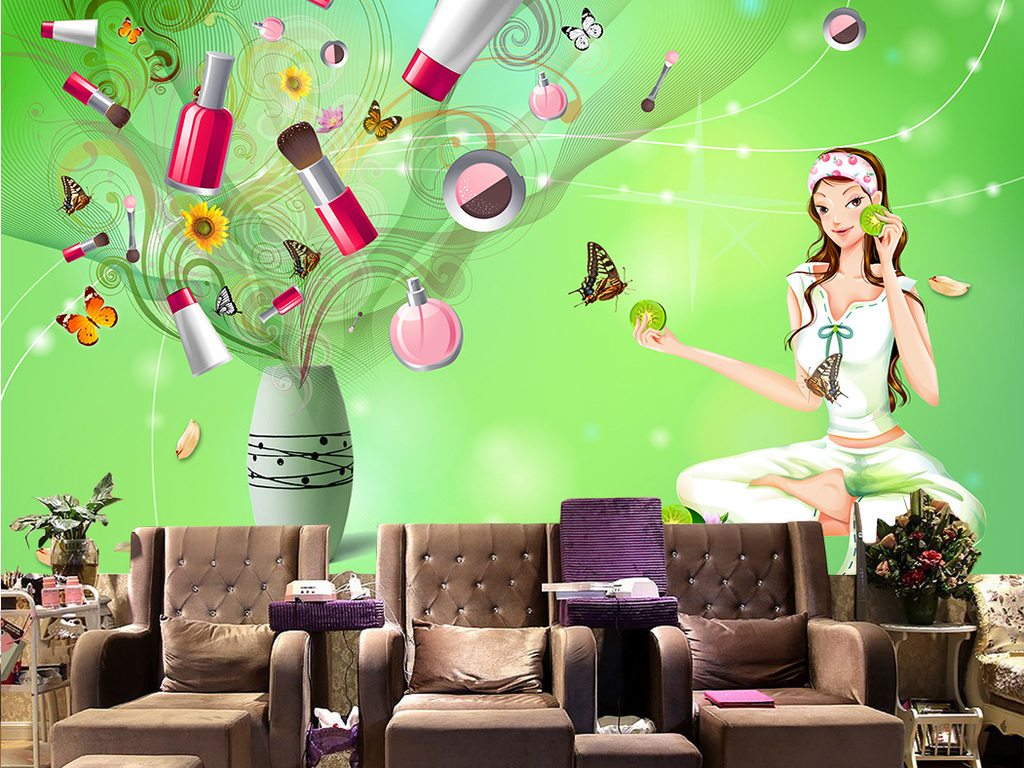 时尚卡通美女绿色自然定妆化妆店背景墙