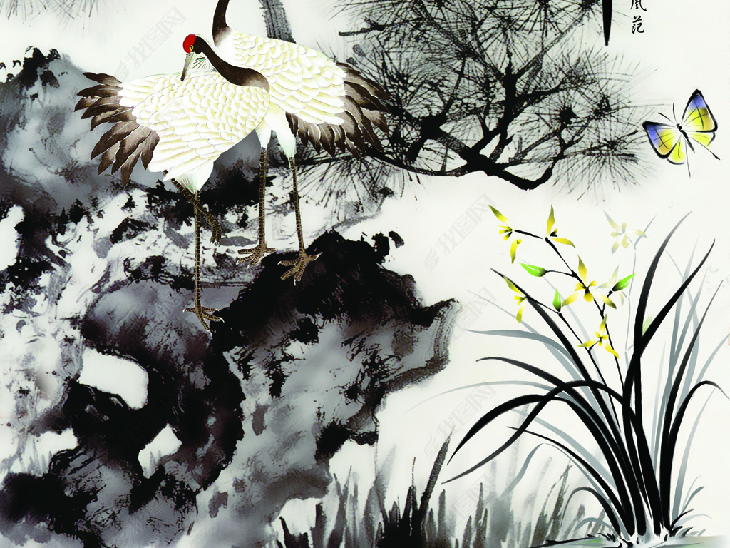 水墨松国画玄关图下载-编号17084722-动物花鸟玄关-我图网