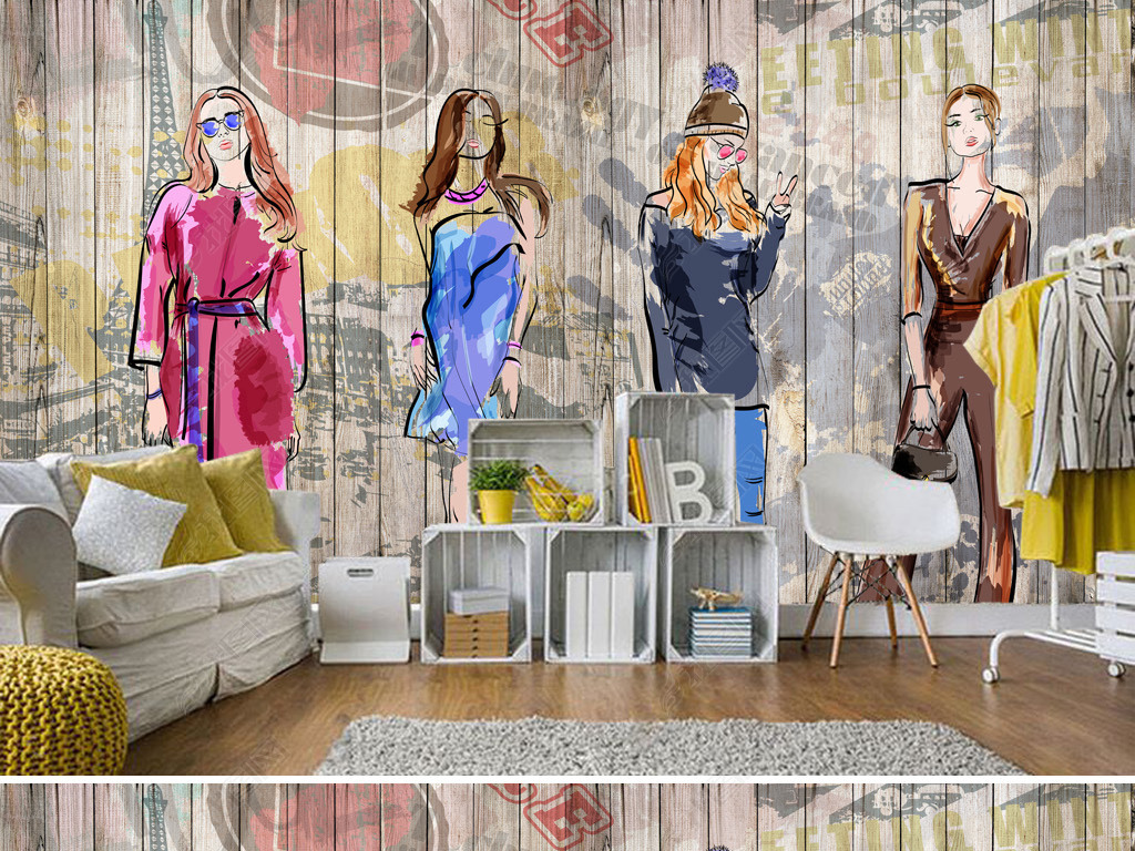 手绘水彩美女时尚服装店背景墙