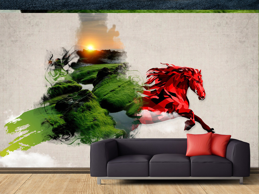 中国风新中式简约奔跑马背景大型墙壁画