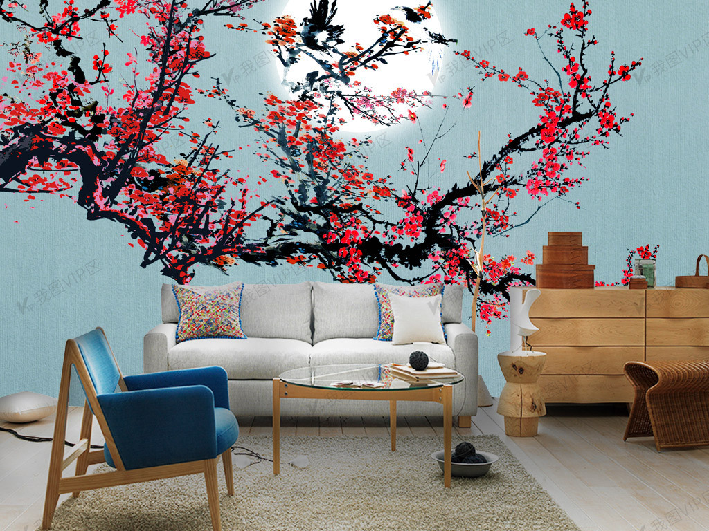 手绘新中式梅花电视背景墙