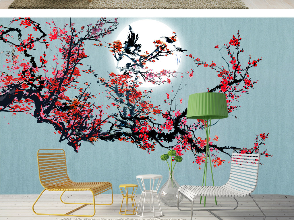 手绘新中式梅花电视背景墙图片设计素材-高清psd模板下载(342.