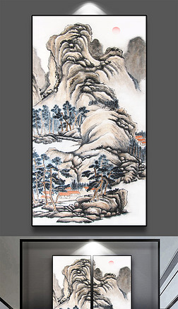 复古水墨山水人家国画玄关装饰画