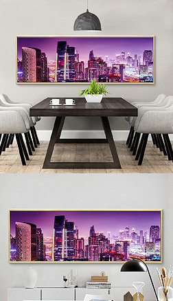 城市大厦夜景装饰画卧室床头壁画横幅背景画