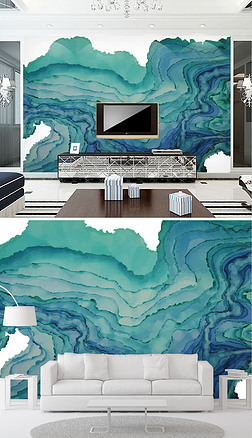 青蓝背景背景墙|现代艺术抽象青蓝渐变线条河山背景装饰画