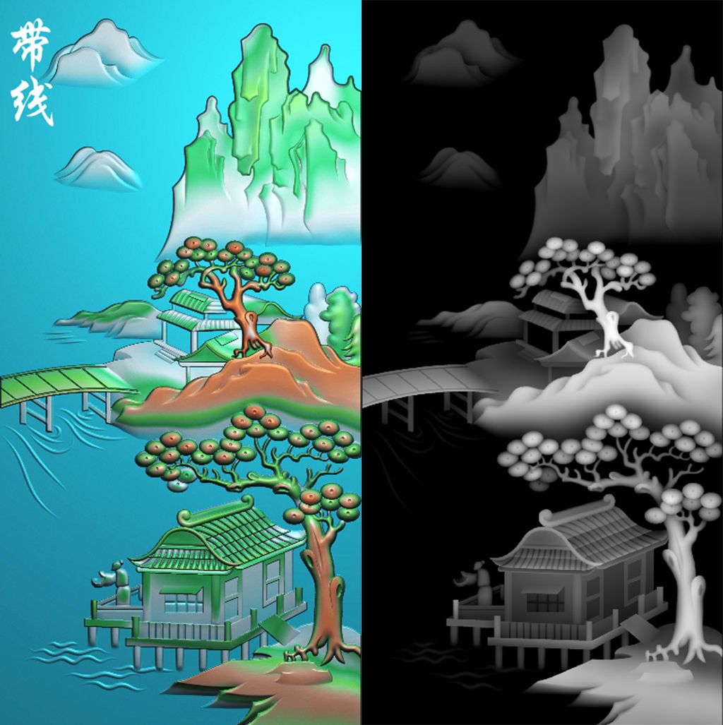 精雕图玉雕山水46牌挂件精雕图灰度图24