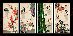 山水风景中式国画客厅四联工笔装饰画