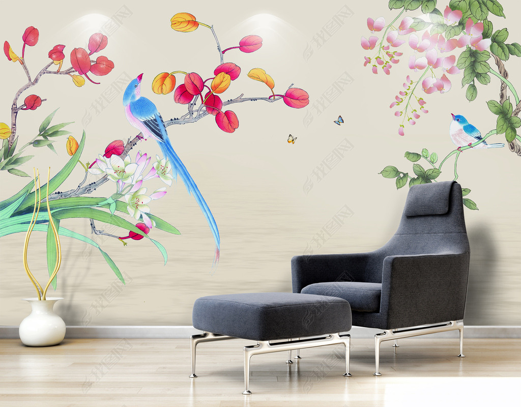 紫藤手绘工笔花鸟新中式背景墙装饰画