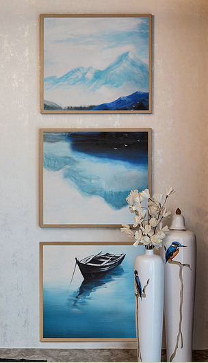 一叶扁舟玄关装饰画竖版三联油画