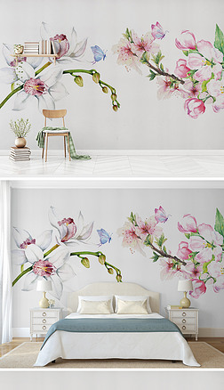 北欧极简手绘花卉田园风格背景墙壁纸壁画