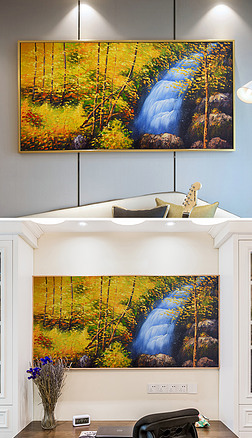 秋林瀑布纯手绘装饰风景艺术油画