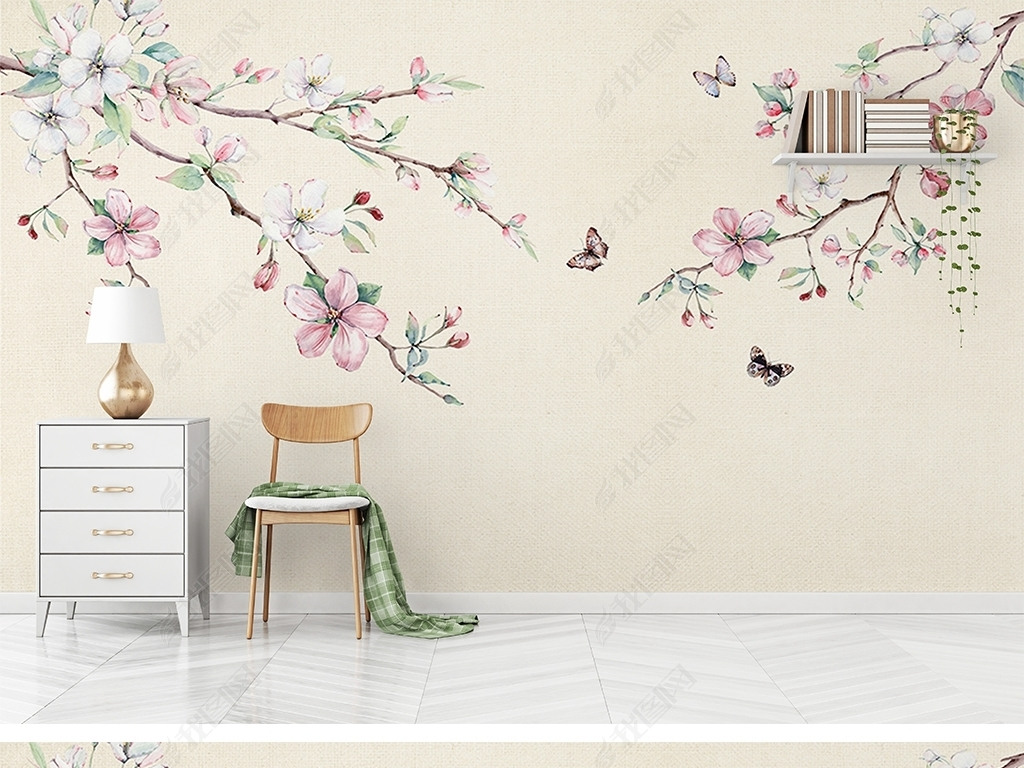 简约手绘桃花背景墙装饰画壁纸