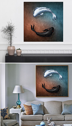 新中式立体太极风水鱼大理石背景单幅装饰画