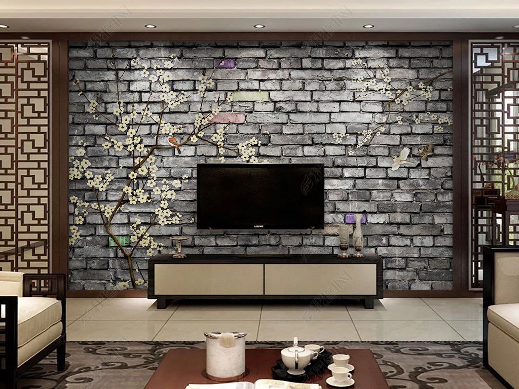 手绘梅花砖墙背景墙