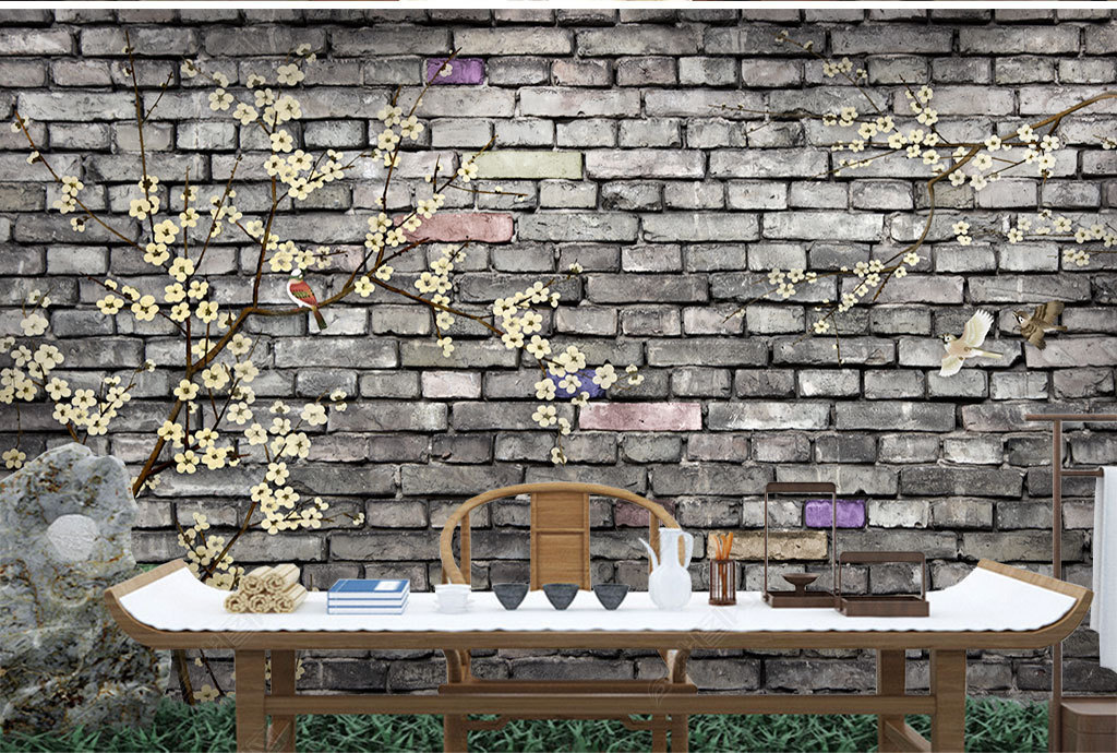 手绘梅花砖墙背景墙