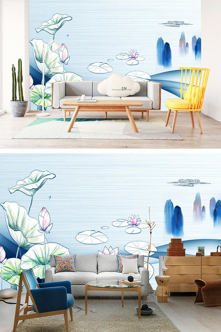 新中式荷韵荷花工笔手绘电视背景墙壁画图片素材(其他格式)免费下载