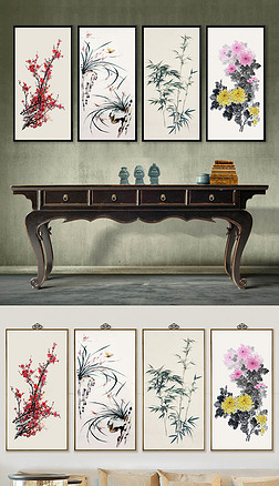 新古典新中式手绘梅兰竹菊四联客厅无框画