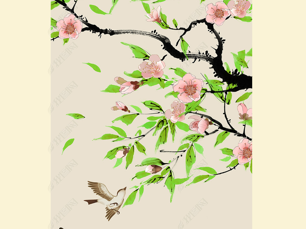 桃花手绘工笔花鸟新中式玄关背景墙装饰画