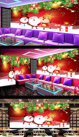 卡通红色圣诞节背景墙壁纸壁画