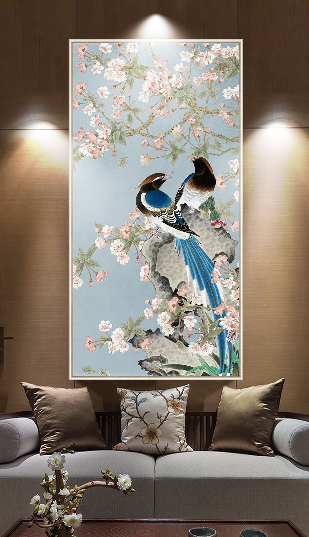 海棠花手绘工笔花鸟新中式玄关背景墙装饰画