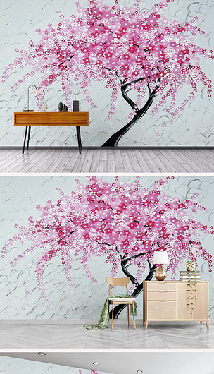 手绘水彩抽象树桃花装饰背景墙