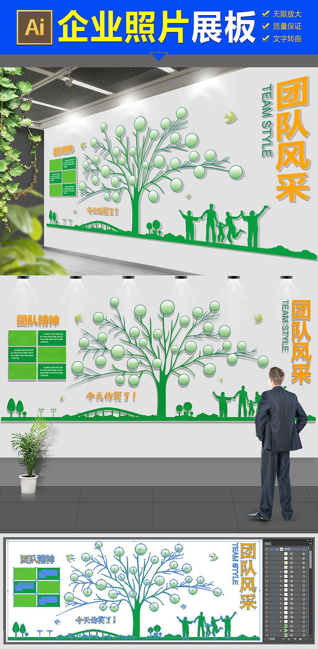 原创绿色大树员工风采员工照片墙宣传墙-版权可商用