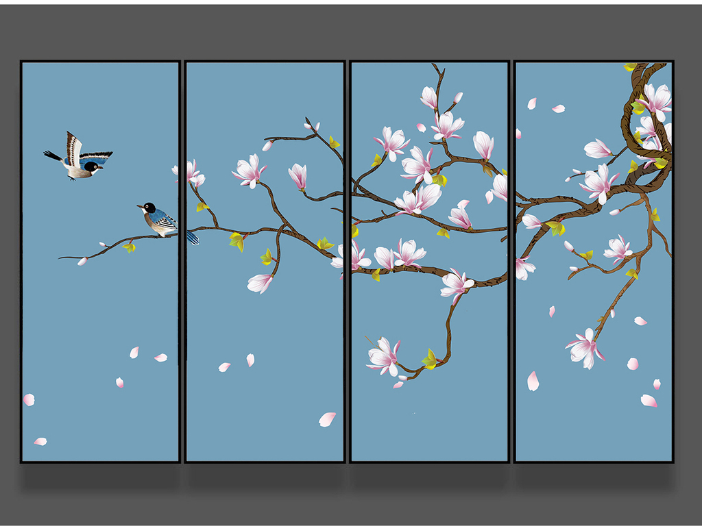 玉兰手绘工笔花鸟新中式背景墙装饰画图片设计素材_高清psd模板下载(8