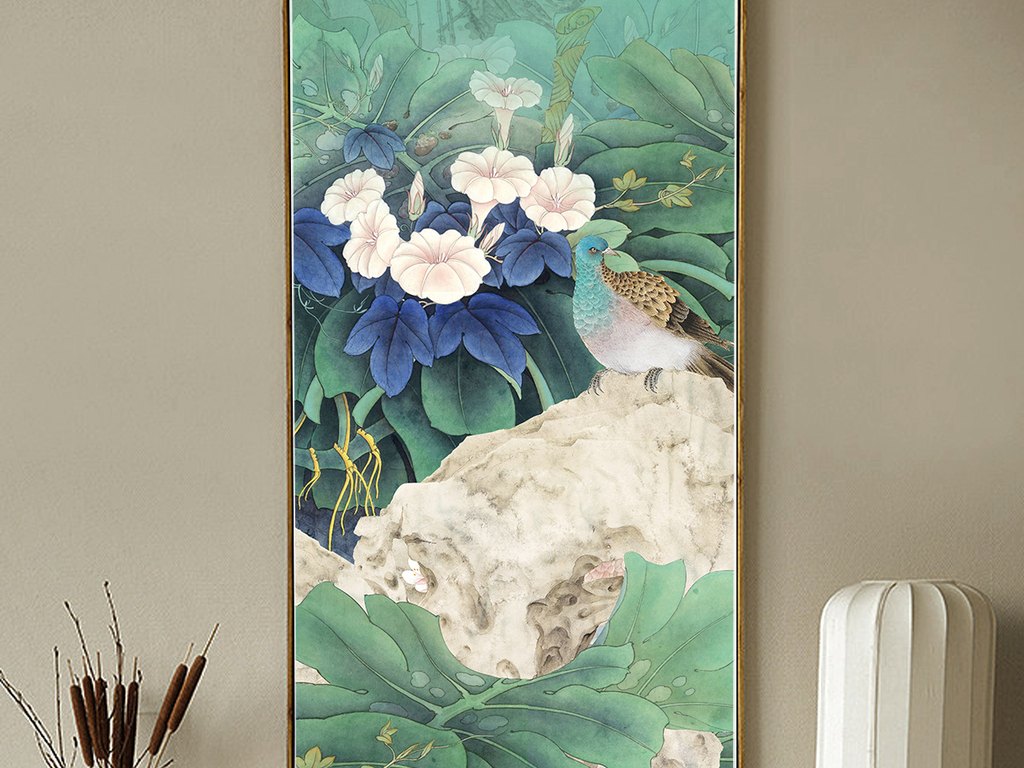 牵牛花手绘工笔花鸟新中式玄关背景墙装饰画