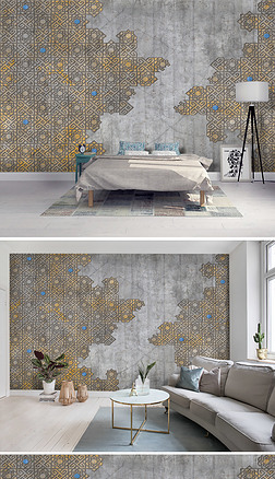 现代欧式复古几何花纹破旧墙面壁画背景墙