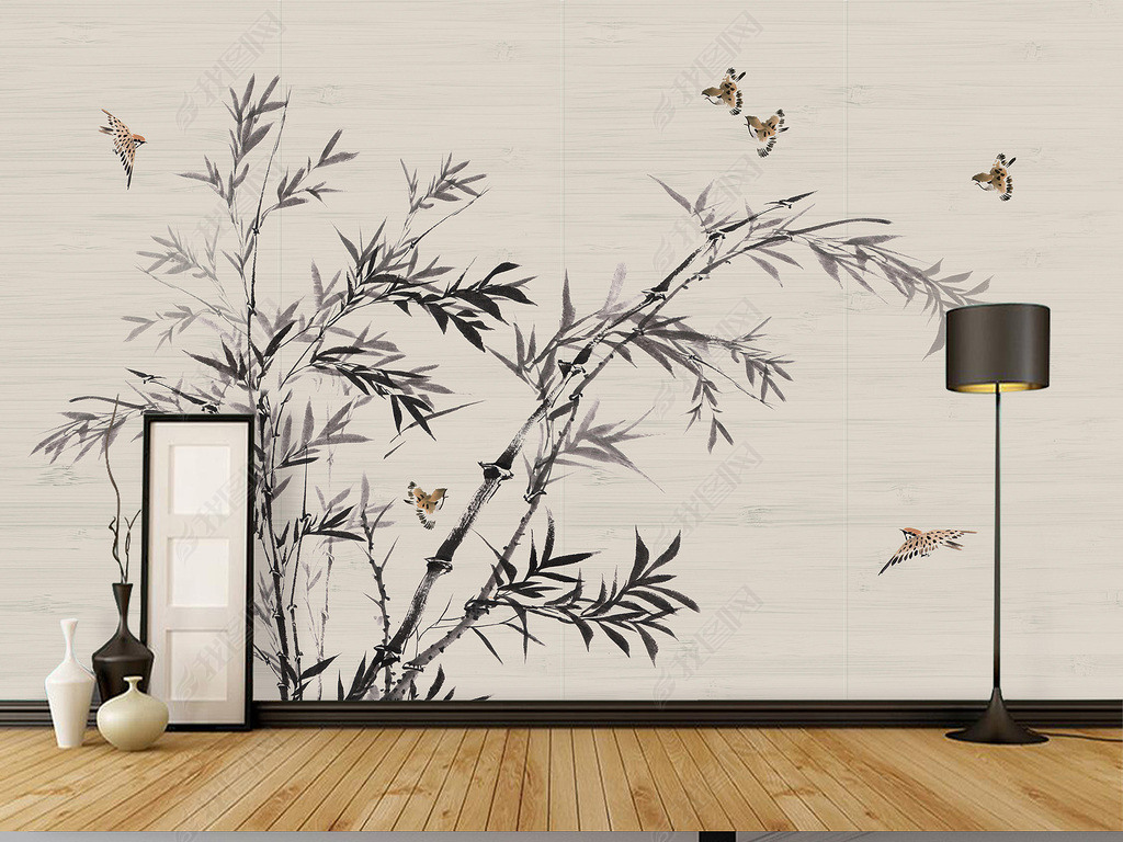 中式手绘水墨麻雀竹子背景墙装饰画