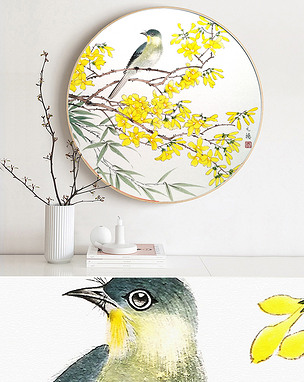 新中式抽象工笔花鸟装饰画无框画