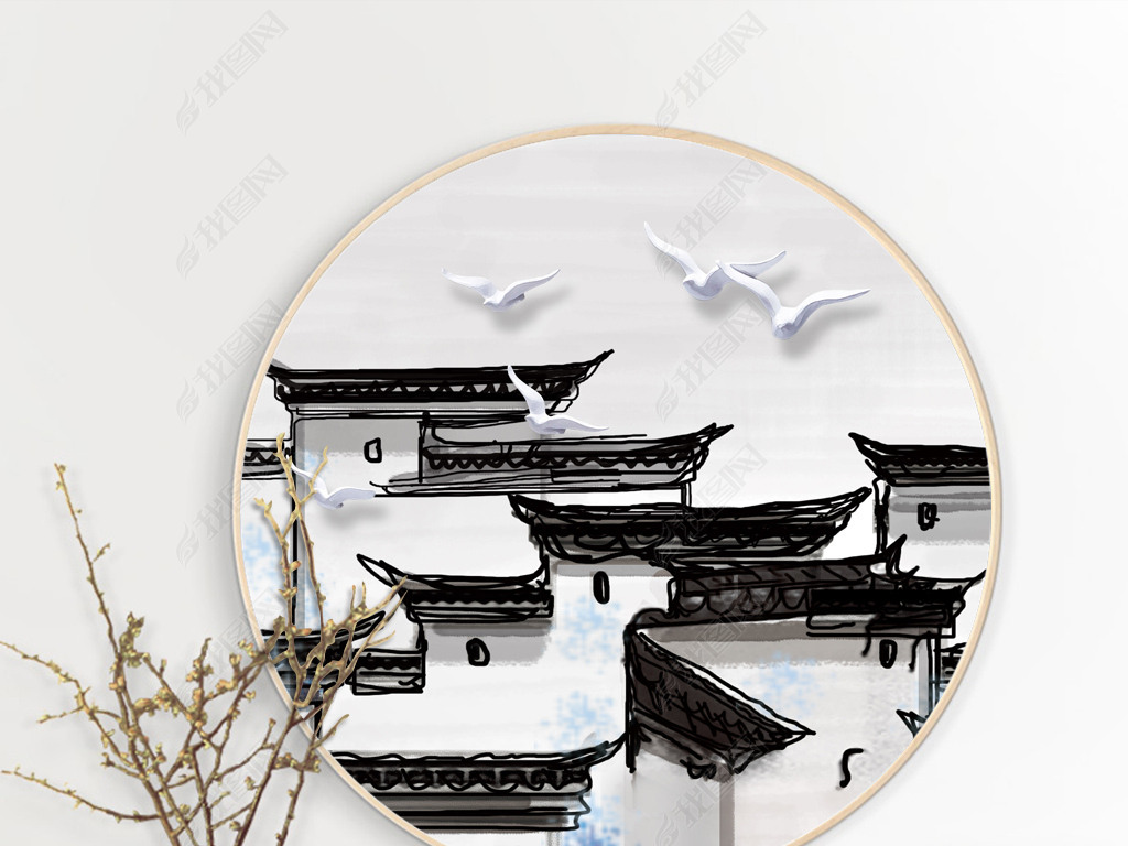 新中式手绘徽派码头建筑装饰画圆形三联画