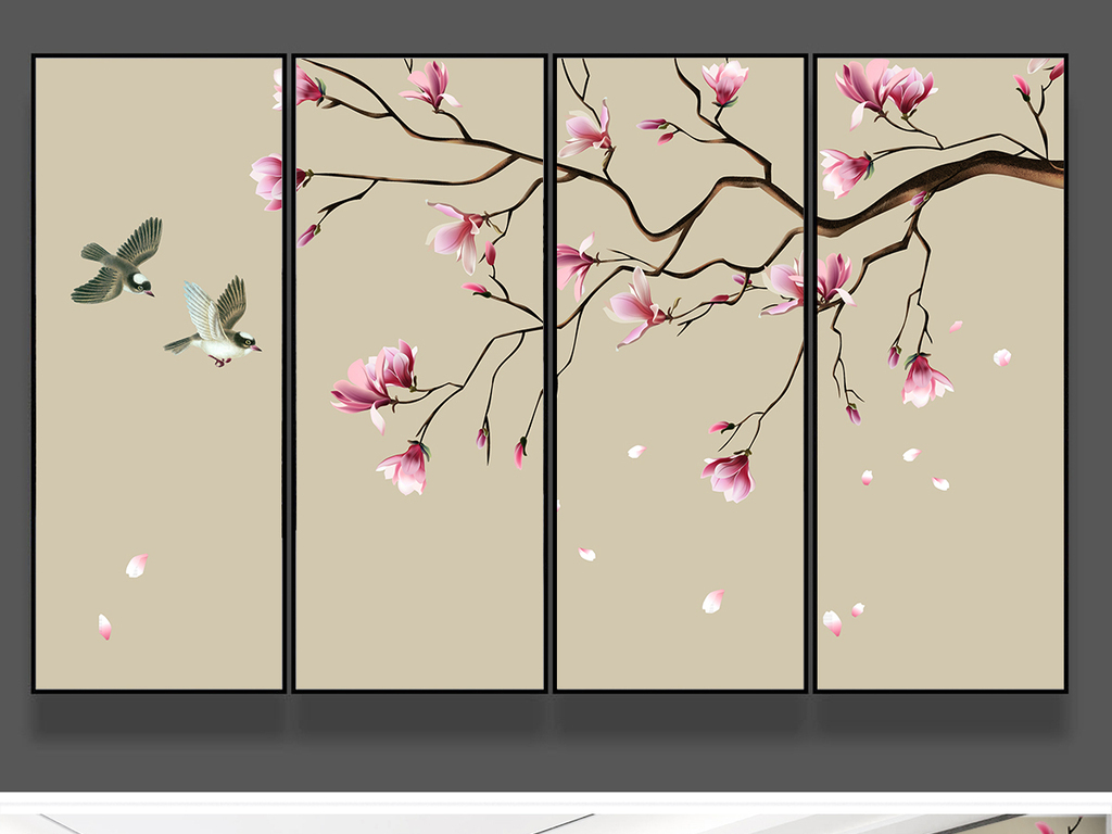 玉兰手绘工笔花鸟新中式背景墙装饰画