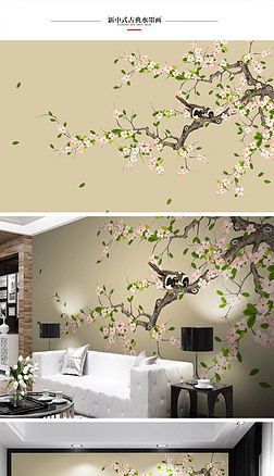 素雅桃花新中式手绘工笔花鸟背景墙装饰画