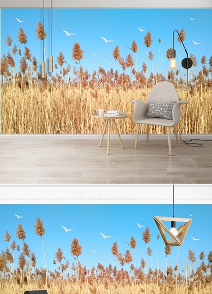 北欧简约花草芦苇风景画清爽床头背景墙