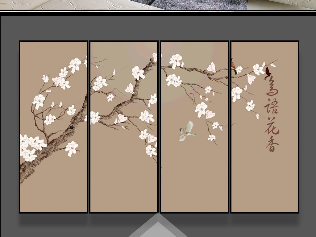 鸟语花香新中式简约大型手绘花鸟电视背景墙图片设计素材-高清psd模板