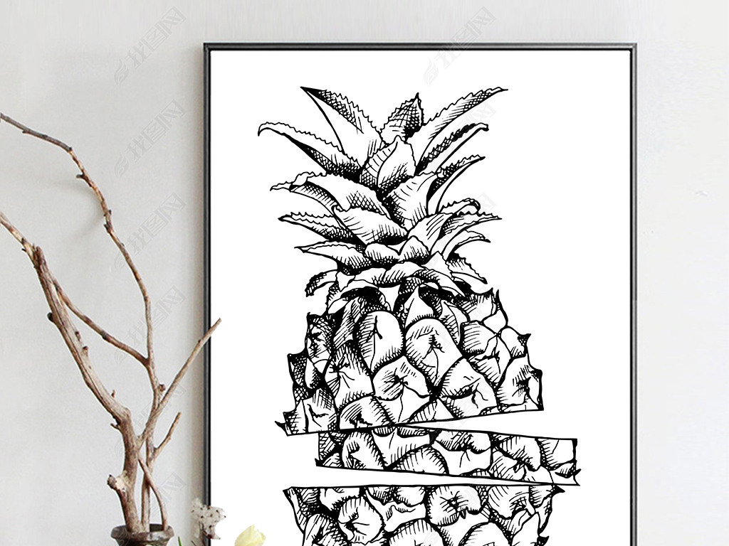 c北欧风格抽象黑白线绘水果菠萝无框装饰画