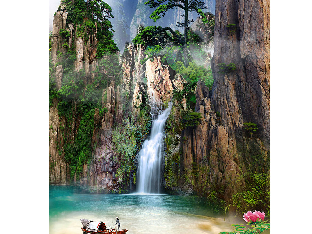 玄关山水画迎客松背景墙