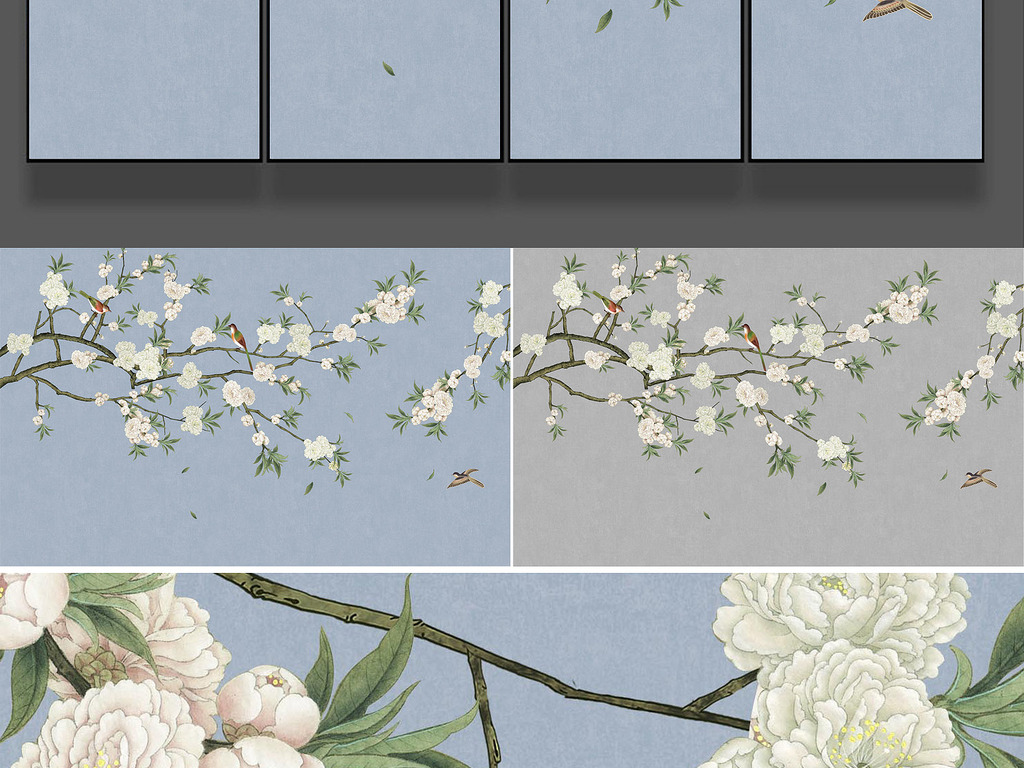 桃花新中式手绘工笔花鸟背景墙装饰画图片设计素材_高清psd模板下载(1