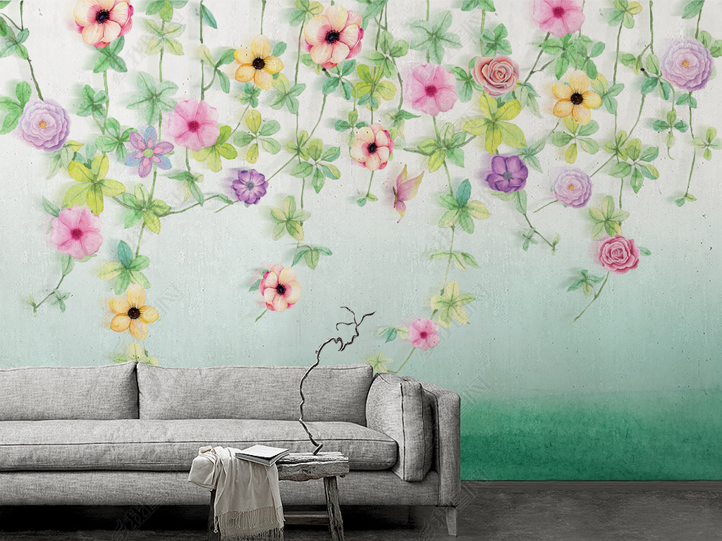 田园风藤蔓花卉植物背景墙壁纸壁画